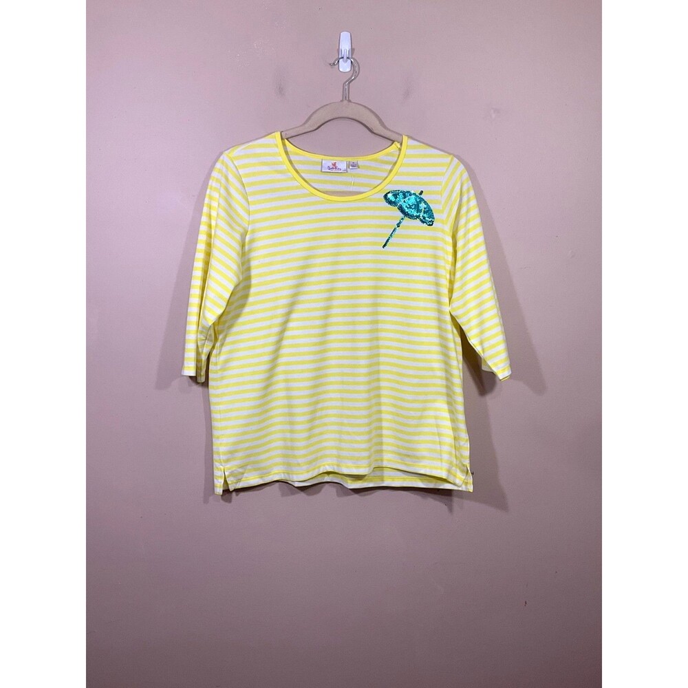 Quacker Factory Sequined Umbrella Striped Shirt 1X Yellow Nautical Preppy NWOT